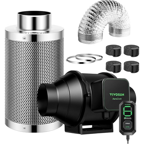 VIVOSUN AEROZESH S4 Filter KIT: 4″ FAN + CARBON FILTER + DUCTING + E12 CONTROLLER